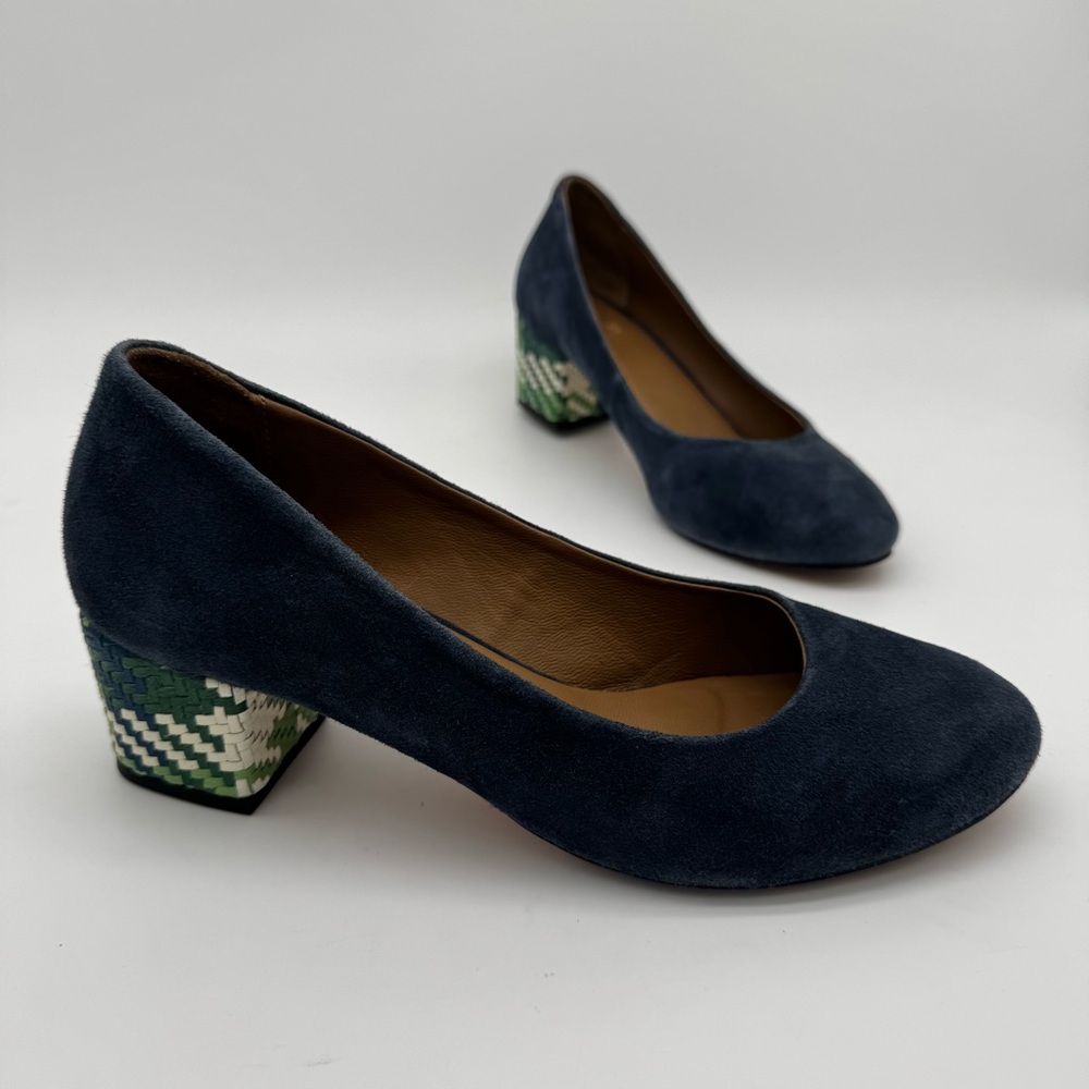 Anthro Jasper & Jeera Navy Suede All Leather Woven Block Heel Size 39/8-8.5